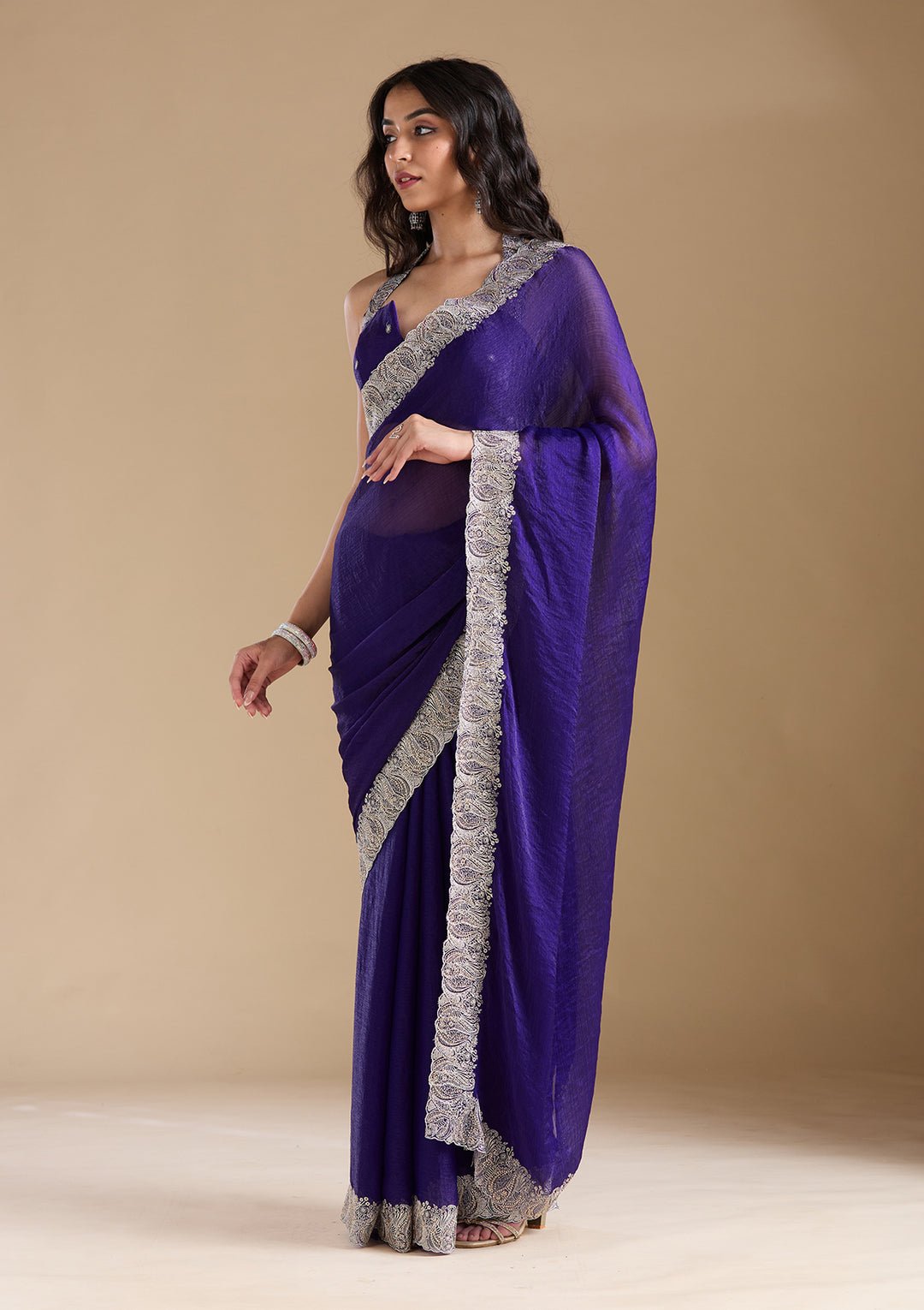 Violet Zariwork (Silver) Chiffon Saree - Image 3